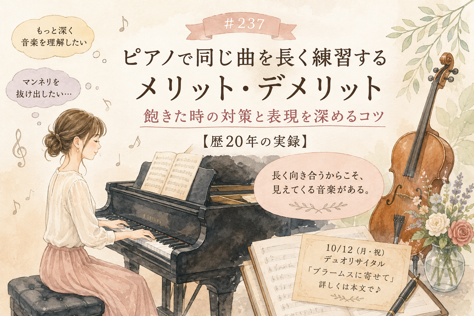 ♯237　ピアノで同じ曲を長く練習するメリット・デメリット｜飽きた時の対策と表現を深めるコツ【歴20年の実録】